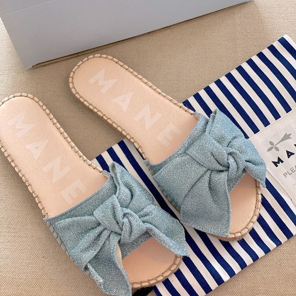 MANEBI Bow-embellished Lurex Metallic Espadrille Slides Women’s Sz 39 (US 9) NEW - Picture 2 of 10